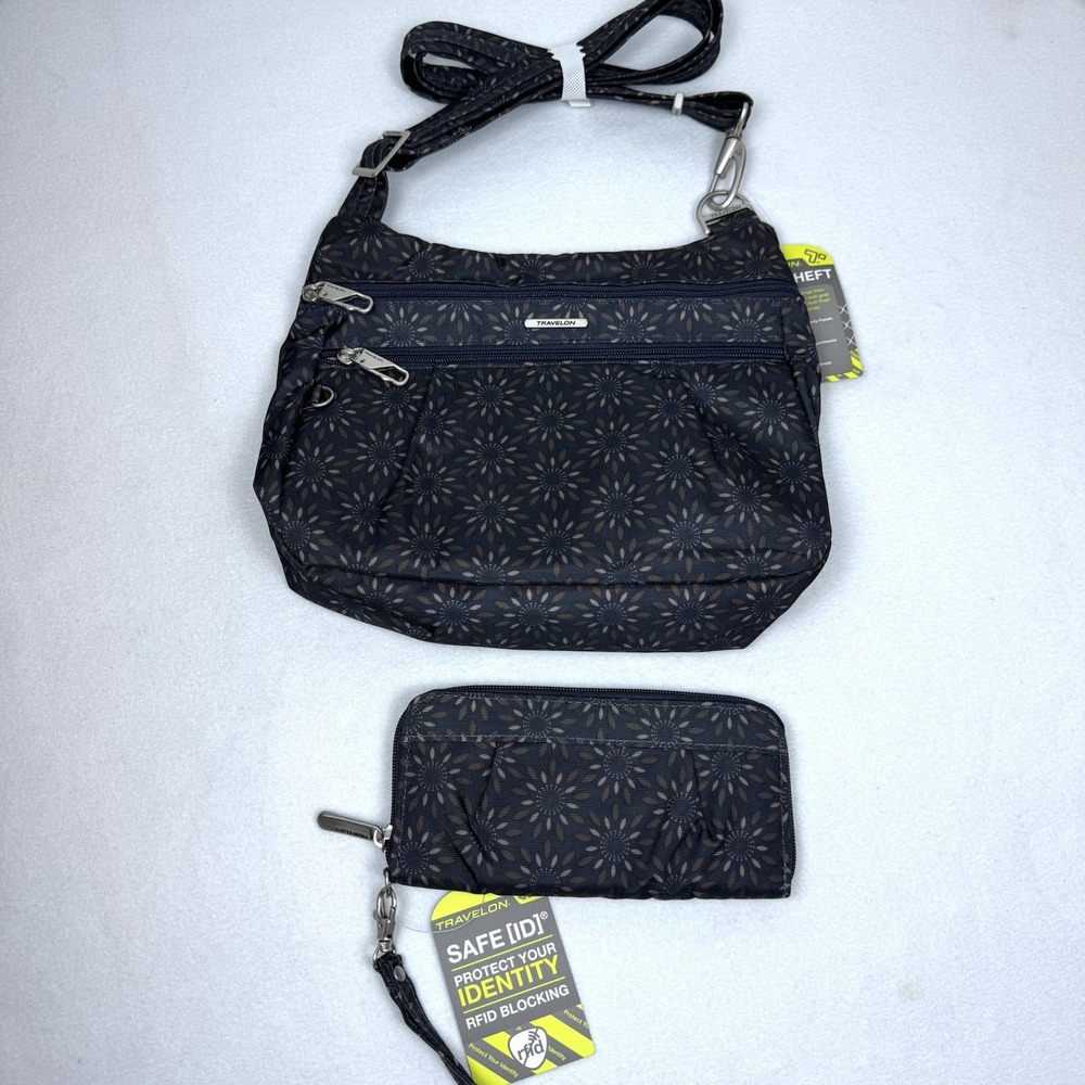 New Travelon Anti Theft Crossbody Purse Bag And Wallet Black Brown Floral RFID